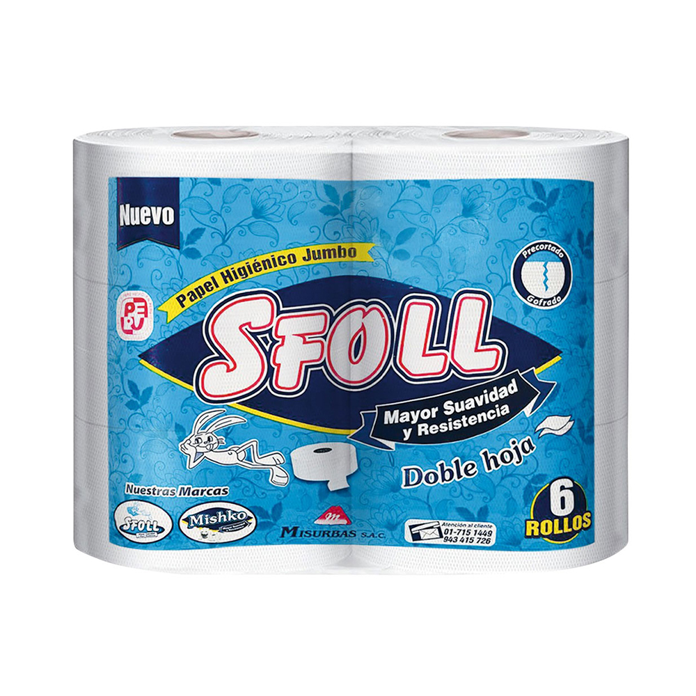 PAPEL HIGIÉNICO AZUL D/H PRECORTADO X6 ROLLOS MARCA SFOLL