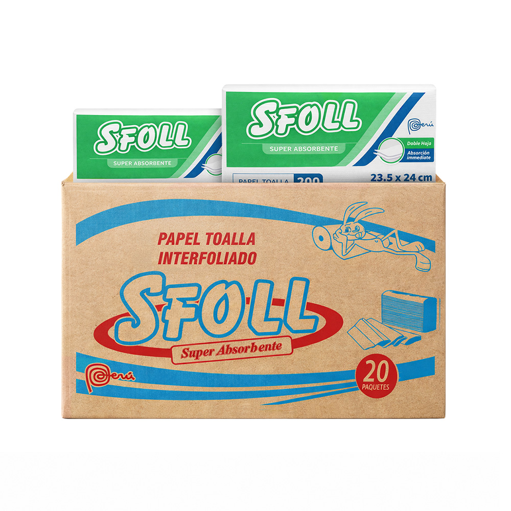 PAPEL TOALLA BLANCO INTERFOLIADO – CAJA X 20 PAQUETES DE 200 HOJAS MARCA SFOLL