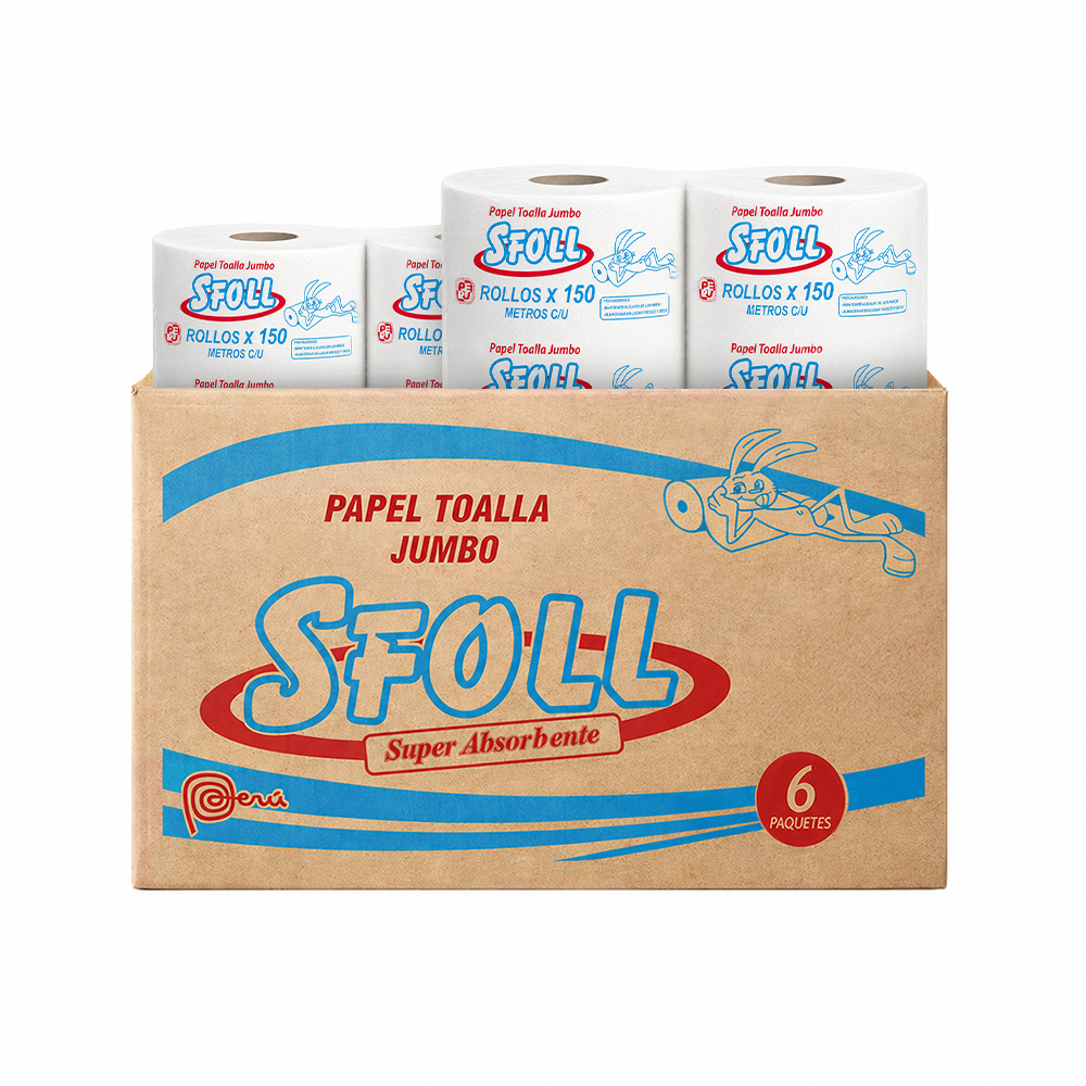 PAPEL TOALLA JUMBO – CAJA X6 ROLLOS DE 150M MARCA SFOLL